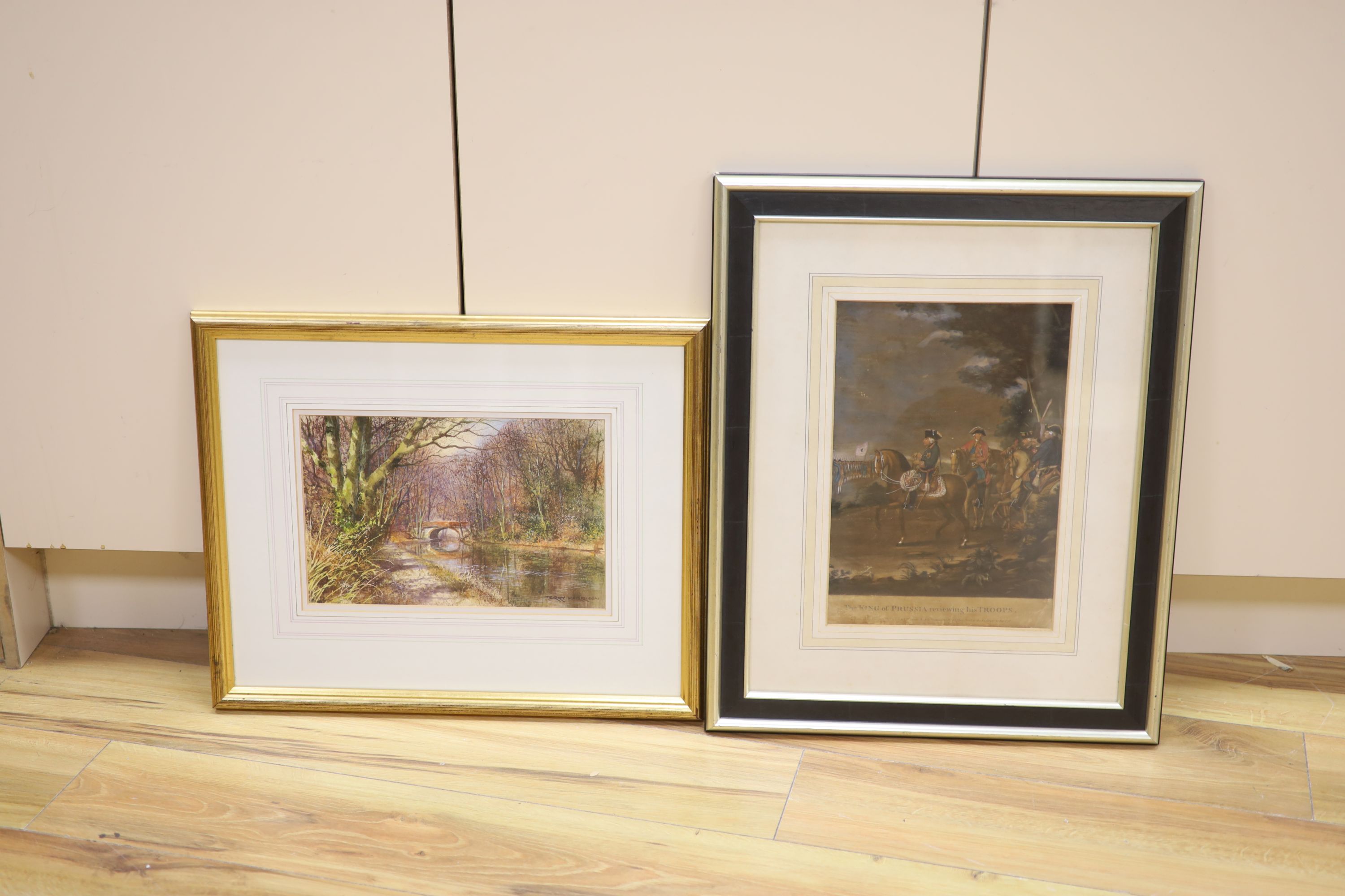 Terry Harrison (1951-2017), watercolour, River in autumn, signed, 21 x 31cm, and After Daniel Chodowiecki (1726-1801) The King of Prussia reeviewing his troops, publishd by Sawyer and Bennett, hand coloured framed mezzot